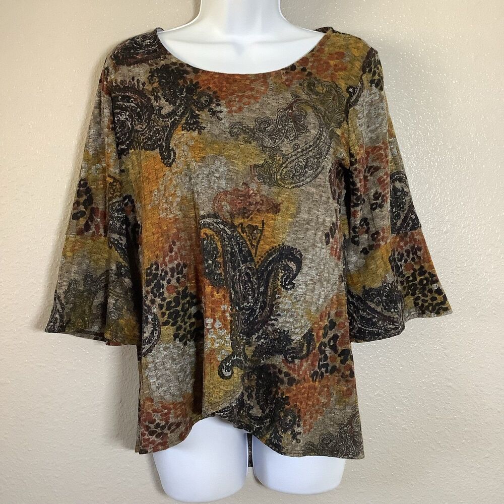 Multicolor Earthy Artsy Fairy Grunge Paisley Ribbed Knit Flare Sleeve Top‎ PM